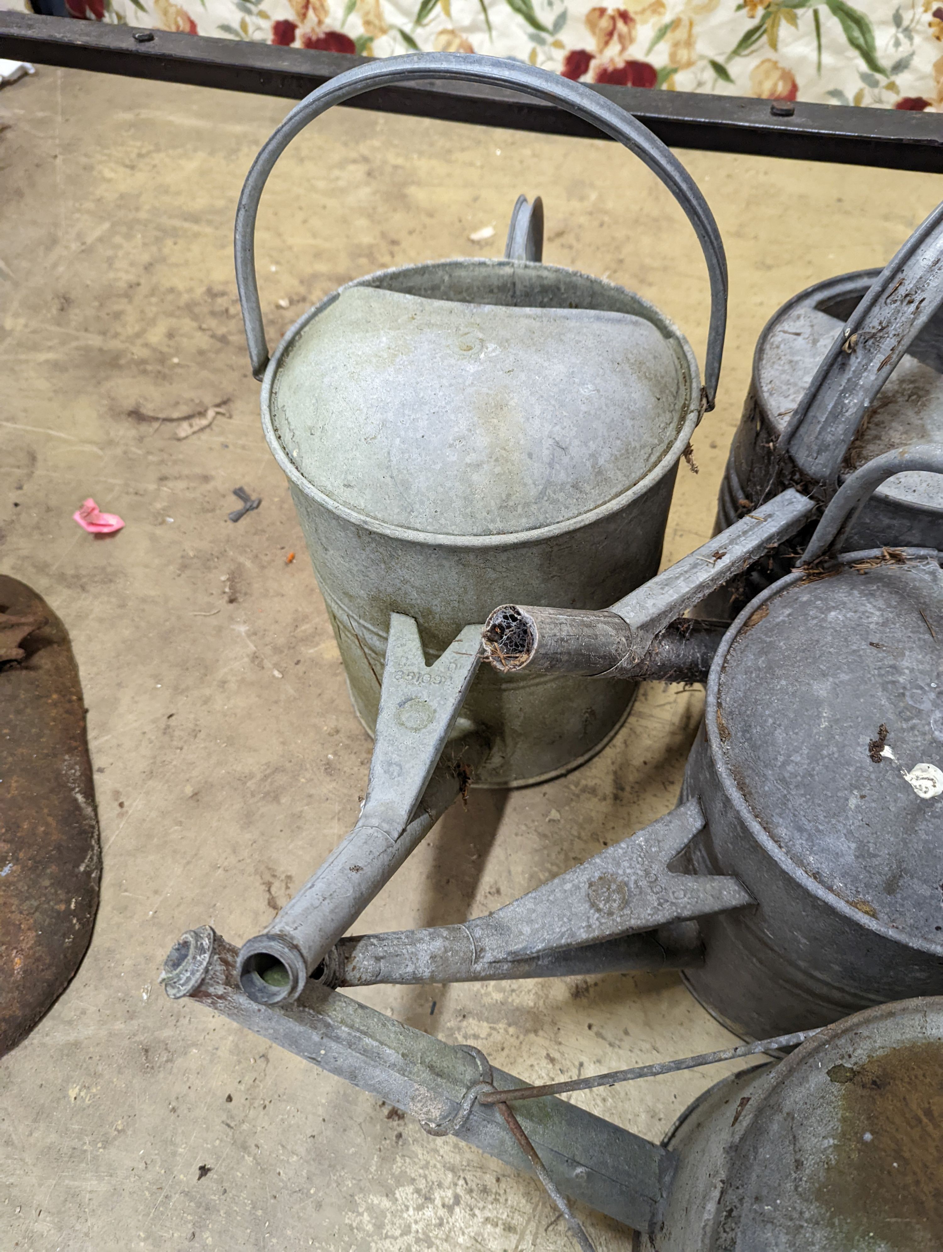 Ten vintage galvanised watering cans.